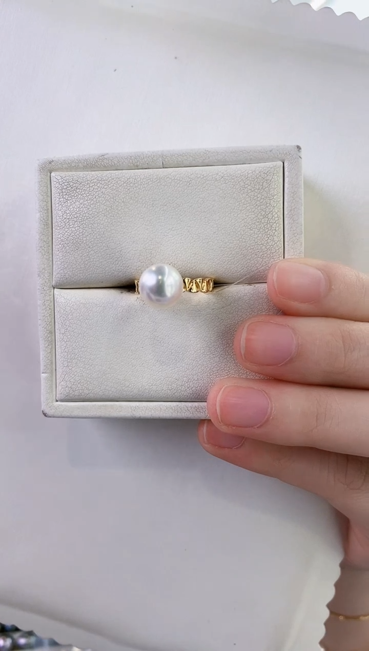 海水珍珠戒指银S925镶嵌9-10澳白珍珠戒指