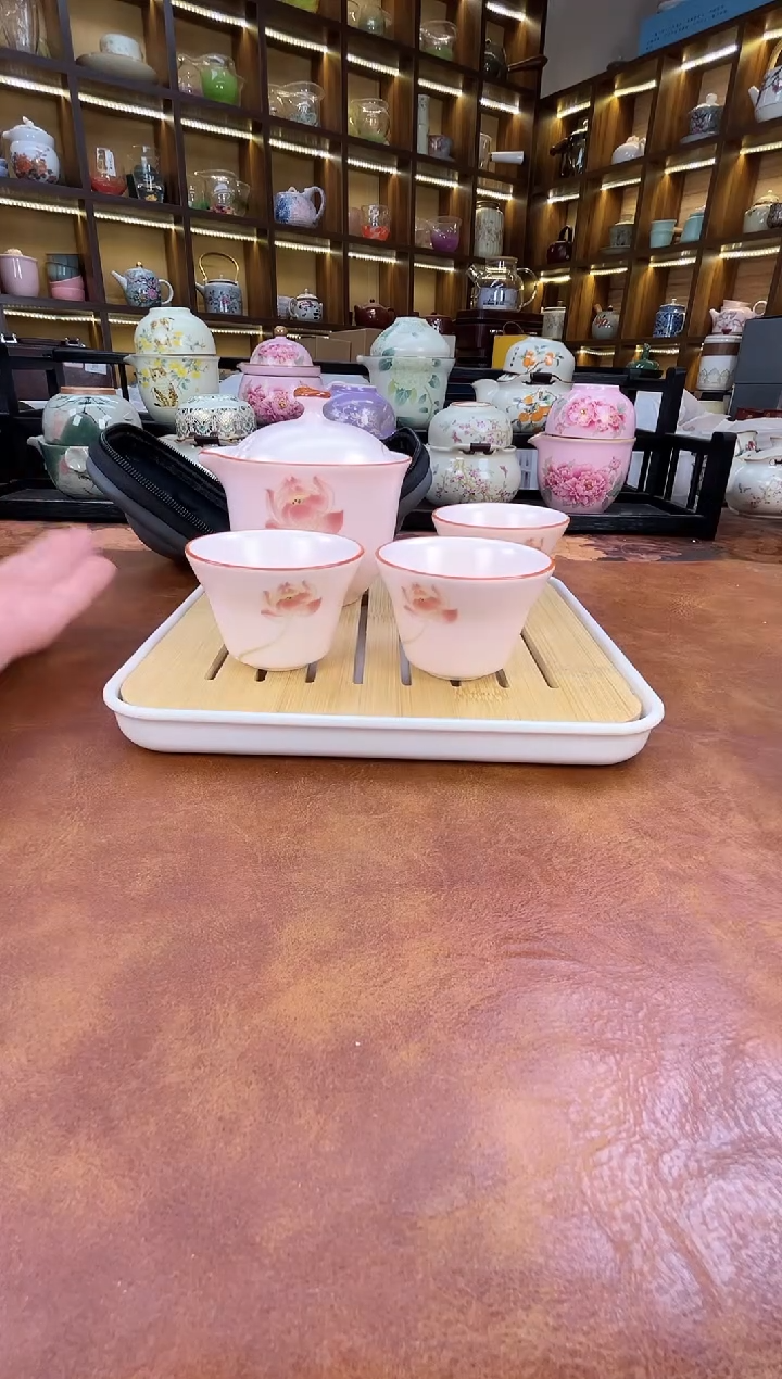 粉汝莲花3杯款旅行+正方竹木盘