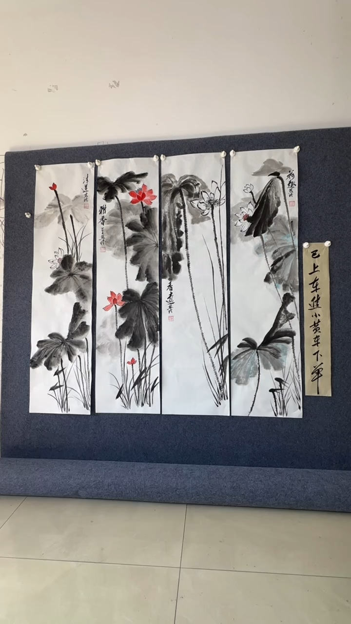 国画手绘国画4条屏138*35厘米*4