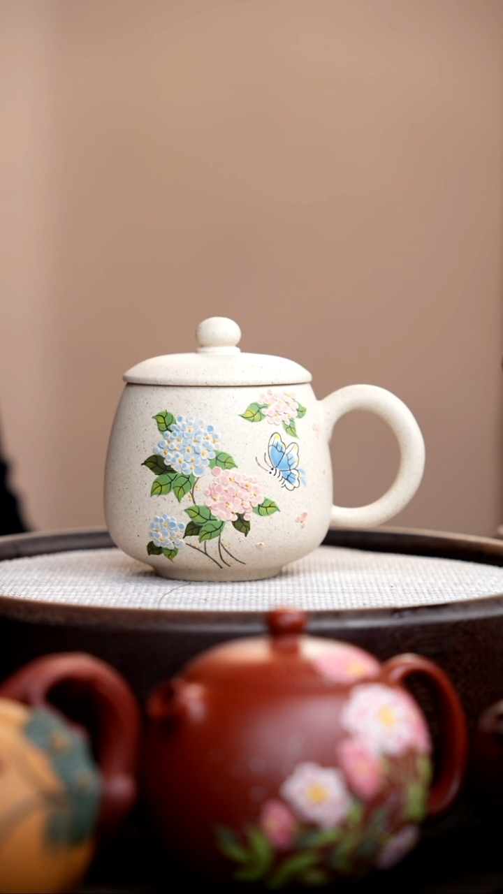 茶壶紫砂白玉段盖杯绣球花 