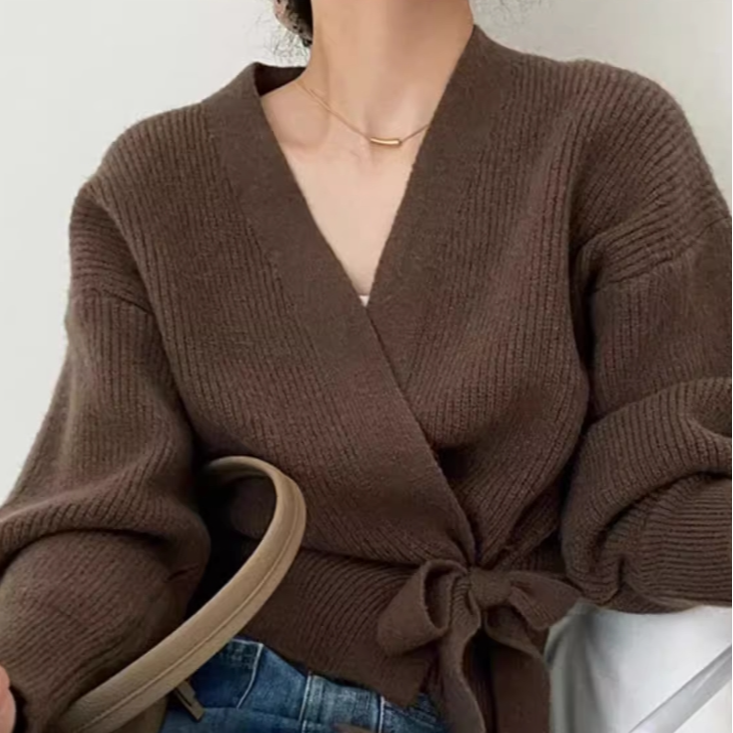 宽松打底纯色气质网红交叉毛针织衫毛衫V领开衫时尚上衣气质百搭