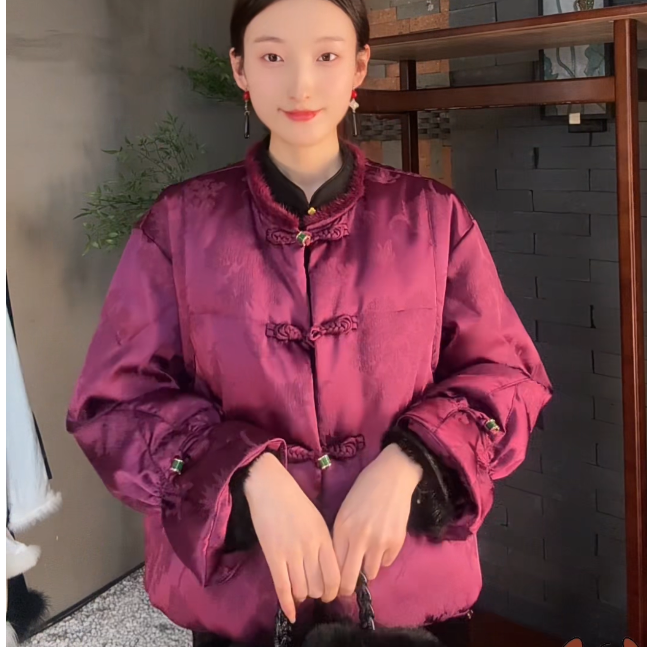 【紫韵】新中式羽绒服女2024新款冬季圆领提花毛领白鸭绒羽绒外套女