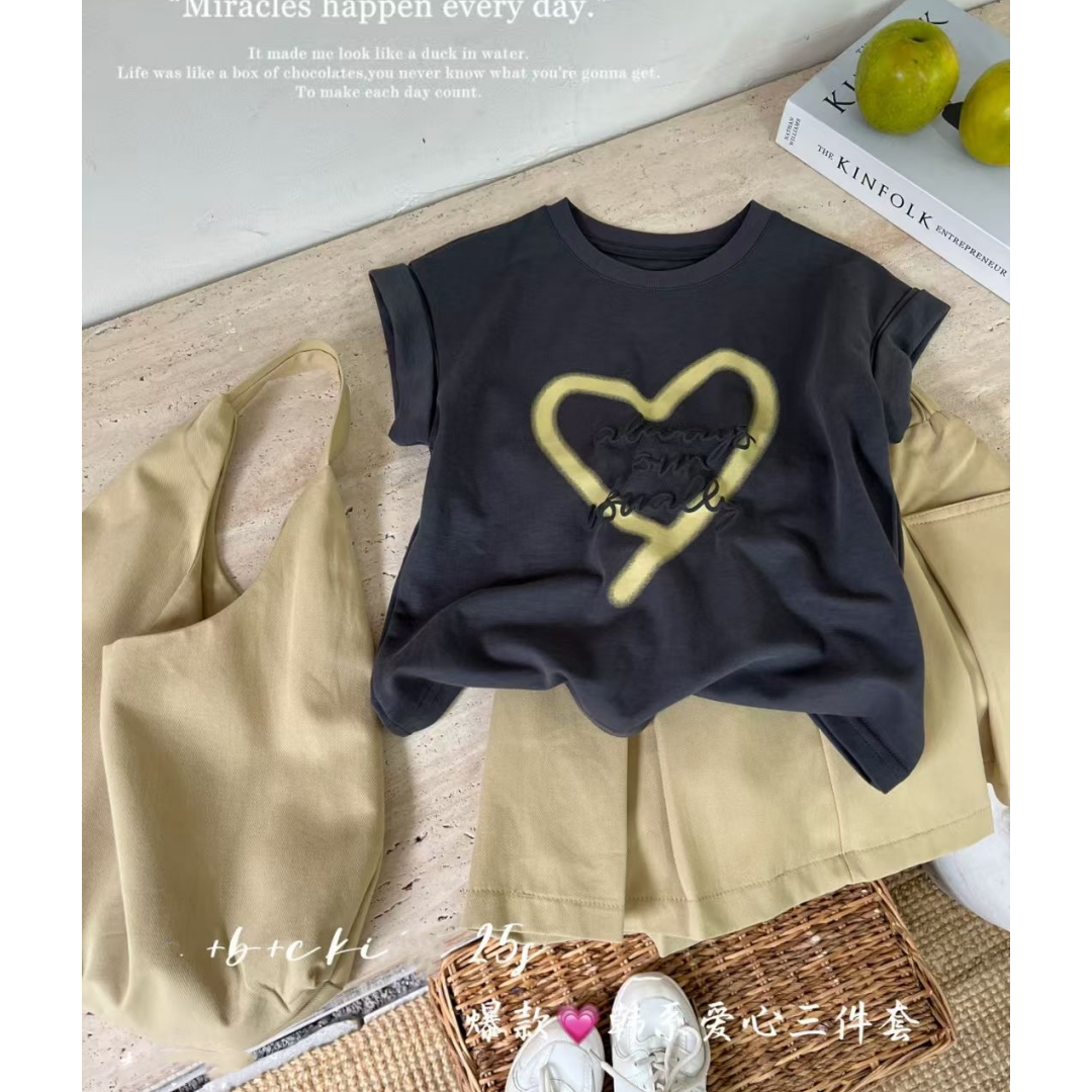 【小大人】韩系爱心三件套童装套装女童春装2025新款爆款小女孩衣服