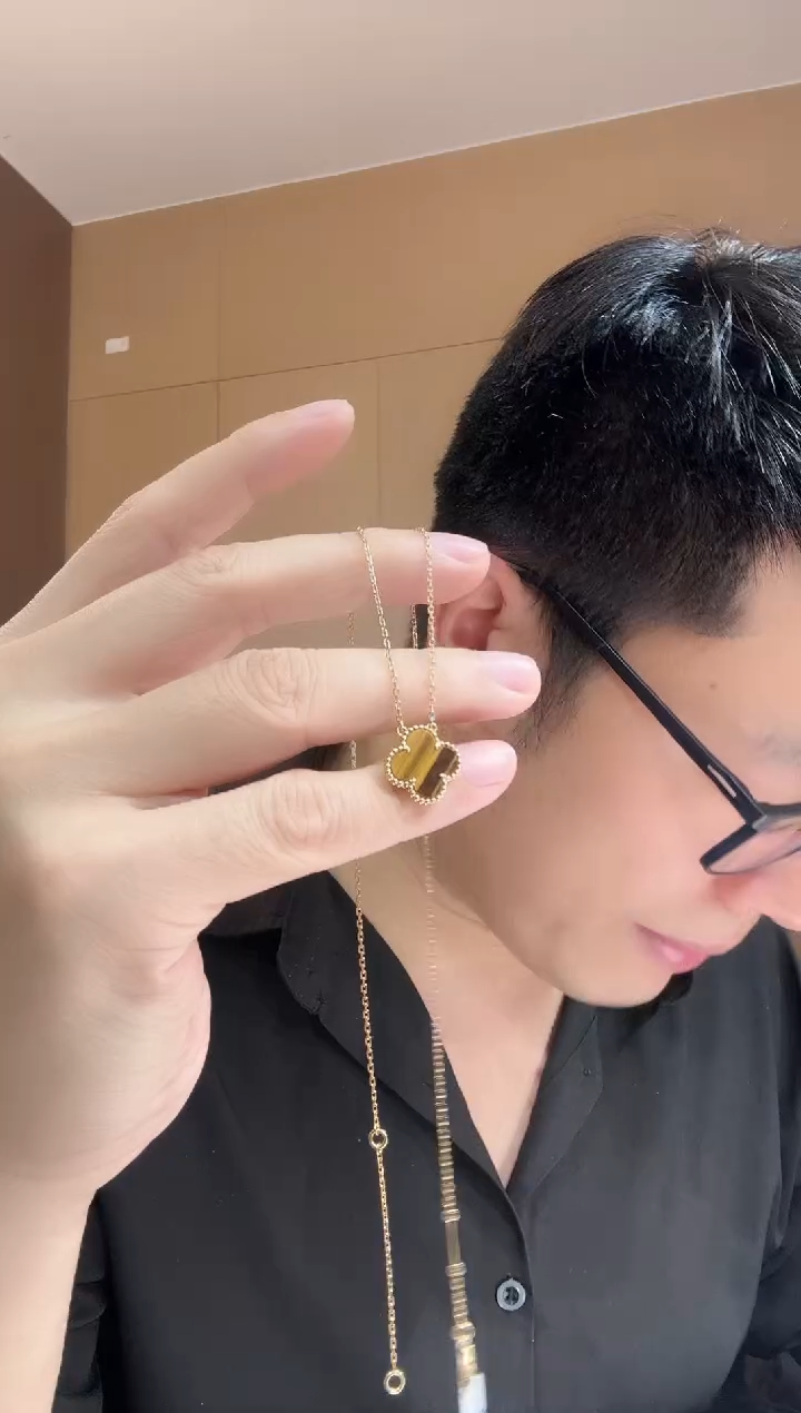 【闪购商品】木变石（虎睛石）套链18K金镶嵌黄色k黄，四叶草套链25版
