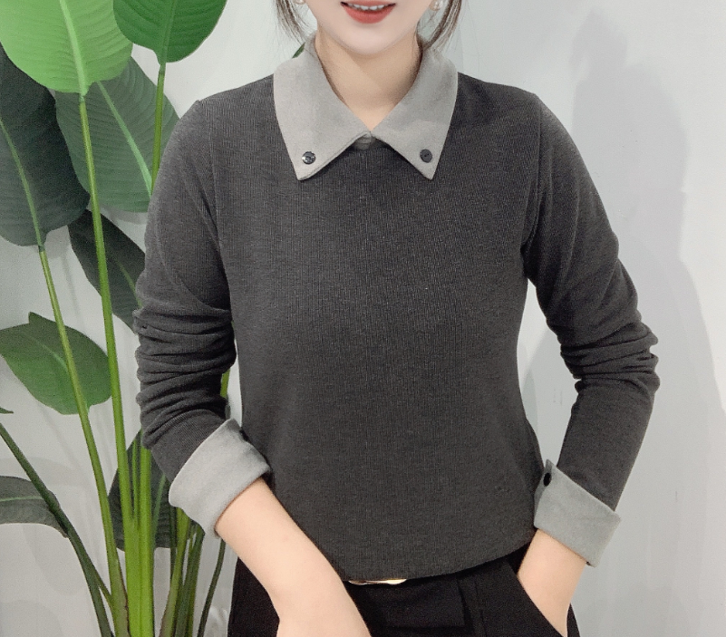 2752 女士秋冬季翻领撞色假两件打底衫-MP
