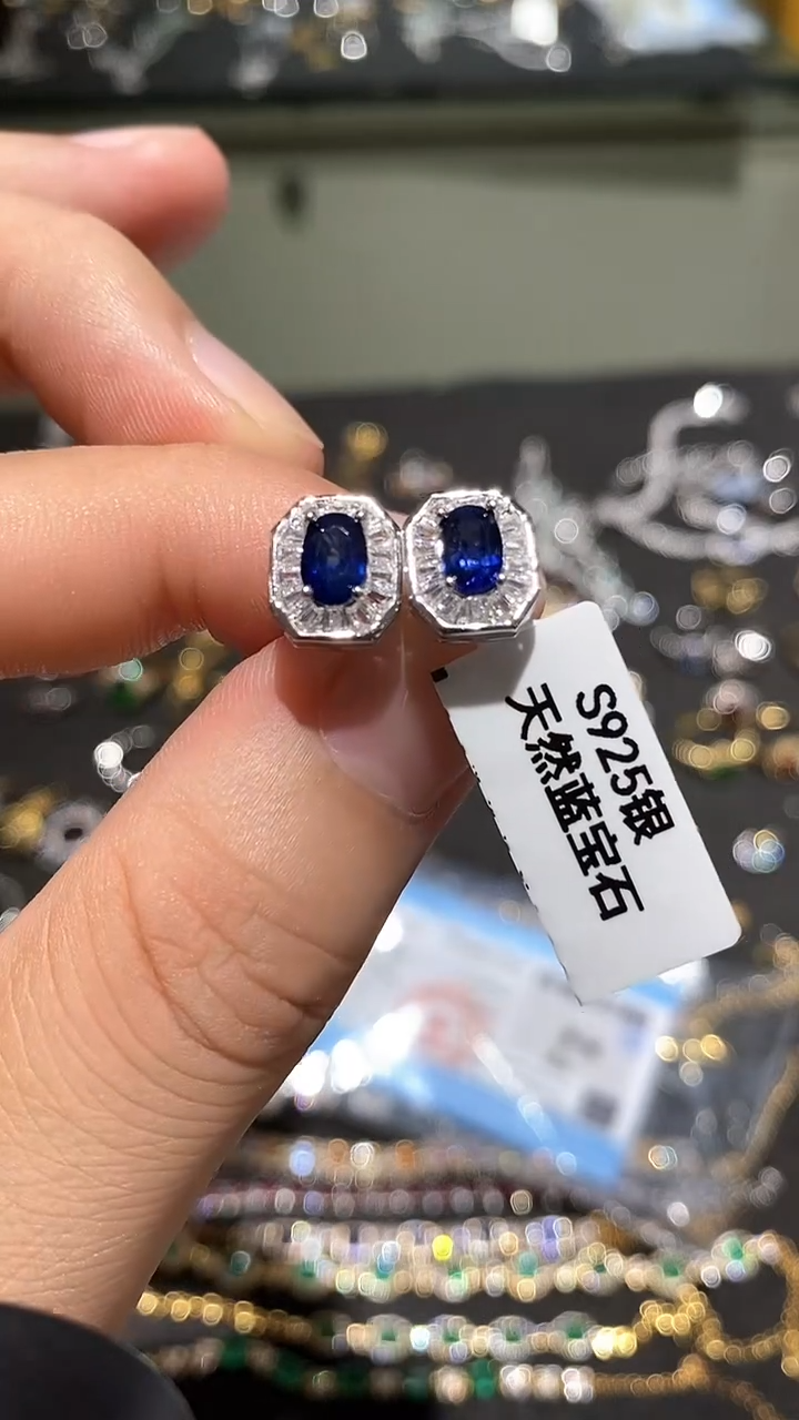 蓝宝石耳饰银S925镀金镶嵌耳钉