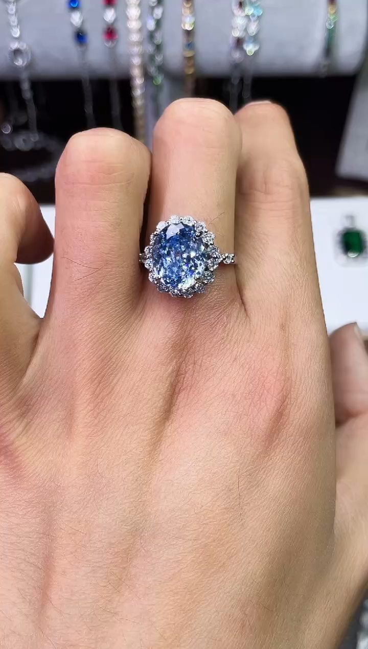 足铂镶嵌合成（培育）蓝宝石戒指/指环蓝宝戒指