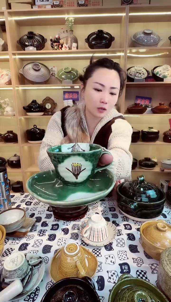 日本进口绿色樱花咖啡杯