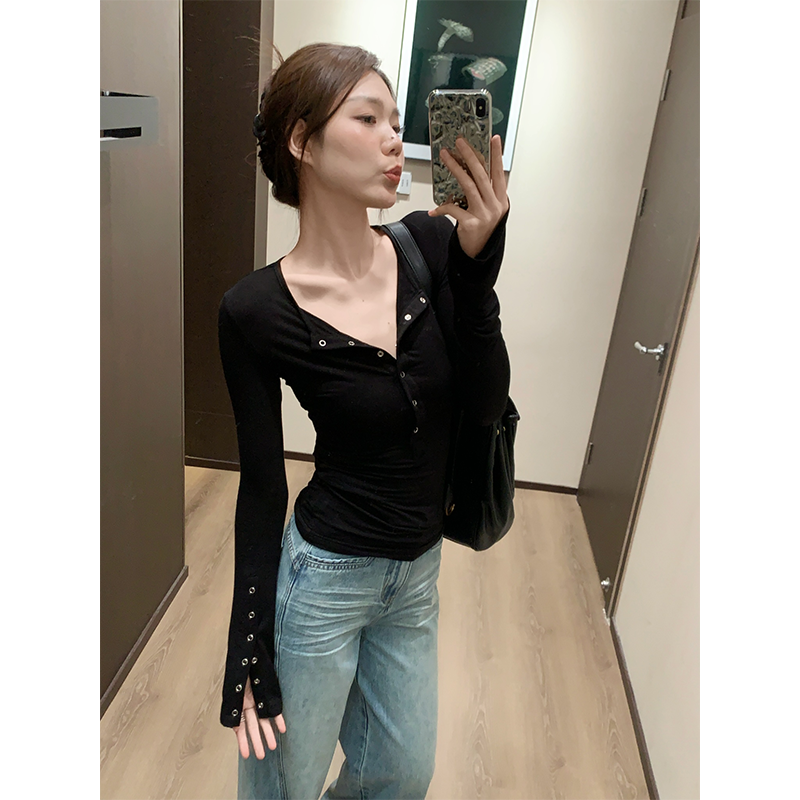 48H【显瘦王】加长小众设计感小众纽扣修身显瘦长袖T恤 SU029