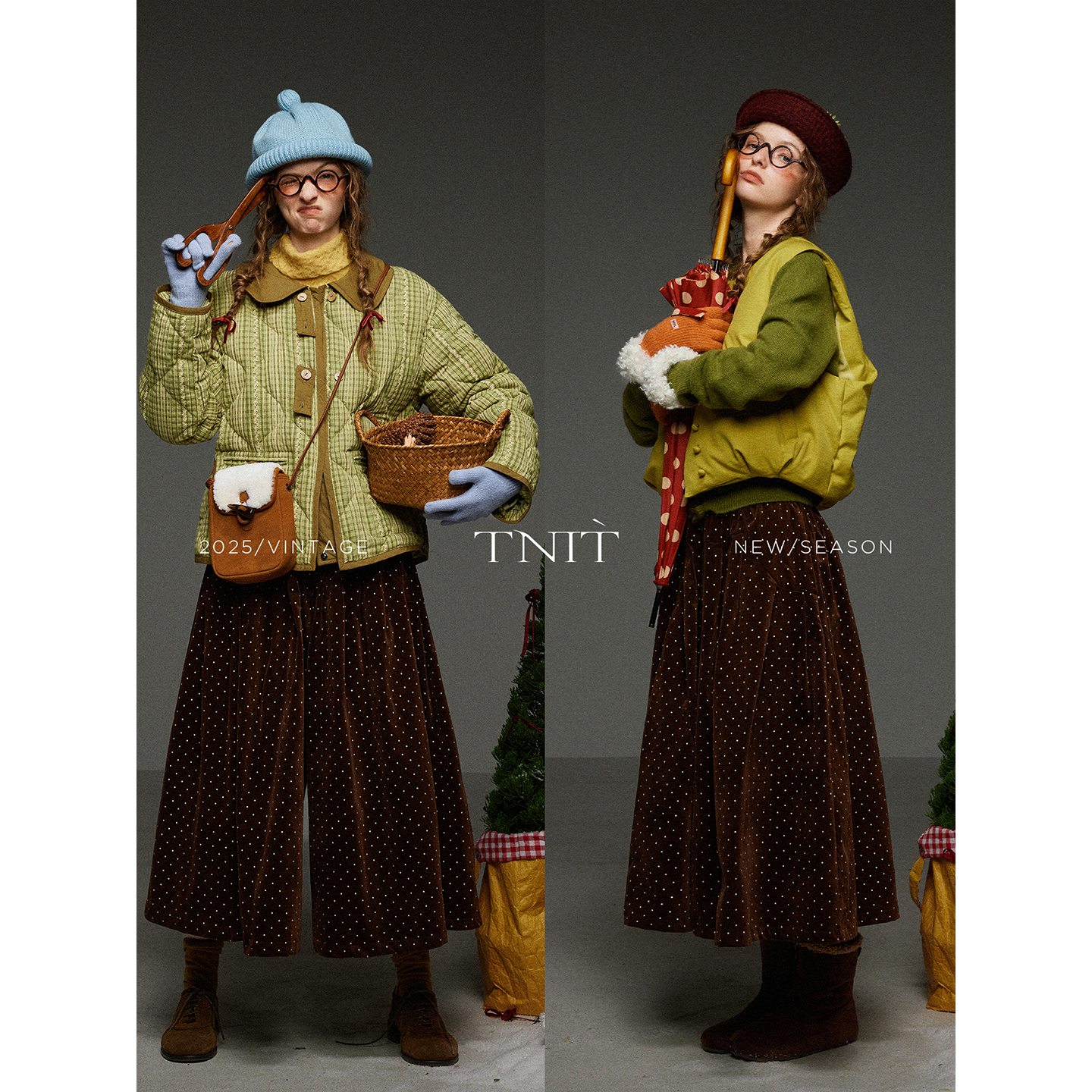 TNIT复古加厚棕色百搭波点阔腿裙裤女冬季高腰显瘦宽松休闲八分裤