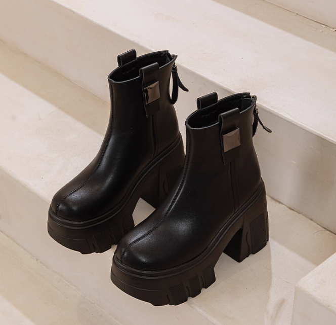 10公分高跟真皮短靴女2025新款秋冬加绒轻便厚底小个子增高马丁靴