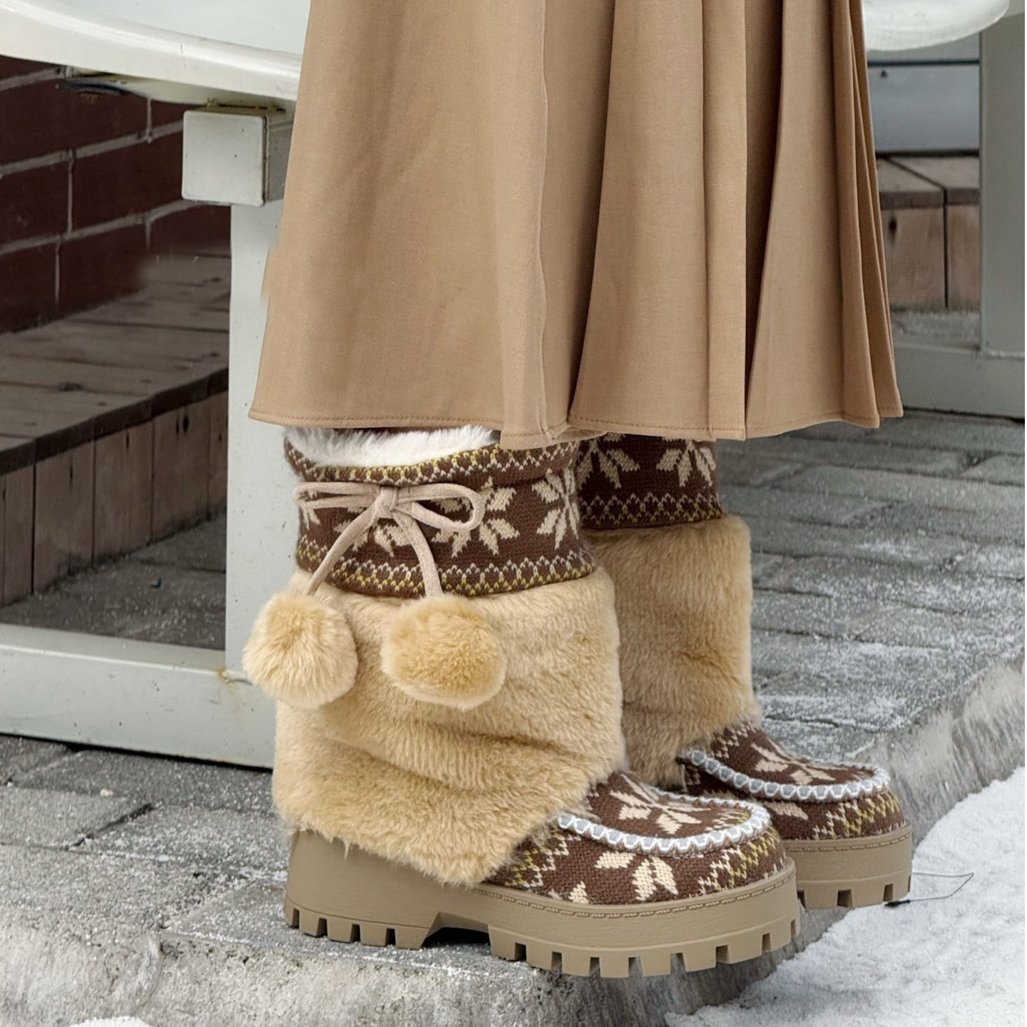 费尔岛针织中筒毛毛雪地靴女厚底增高名族风复古风棉靴东北棉鞋