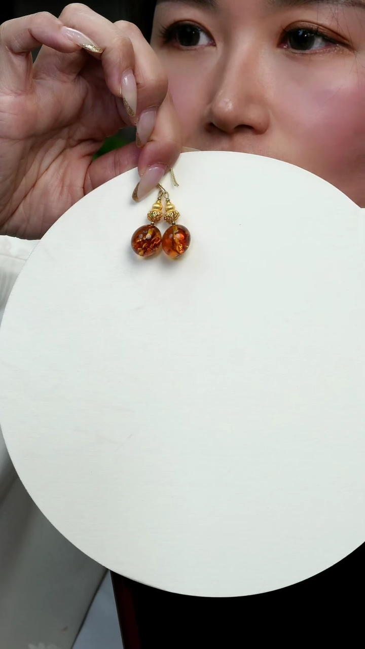 【闪购商品】琥珀耳饰未镶嵌花珀13MM＋耳环