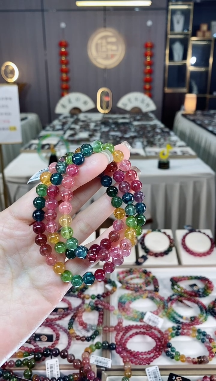 未镶嵌老矿碧玺色标彩虹三圈手串7mm+碧玺dan多样性发货一条 