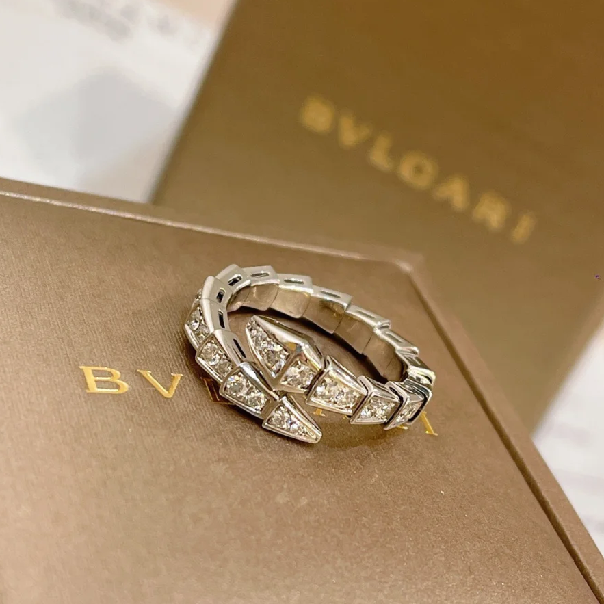 99新 BVLGARI/宝格丽 小花6欢 serpent viper 18K白金满钻戒指 S