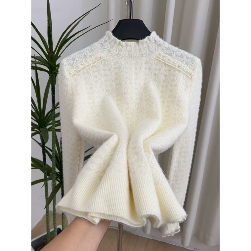 【不起球】貂绒秋冬半高领蕾丝打底保暖时尚气质百搭针织毛衣YX812