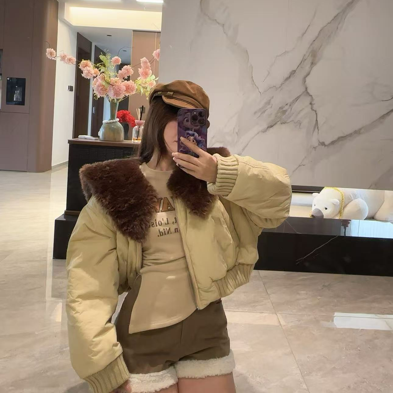 【芙芙松饼】原单订制短款翻领拼接毛毛短款棉服外套