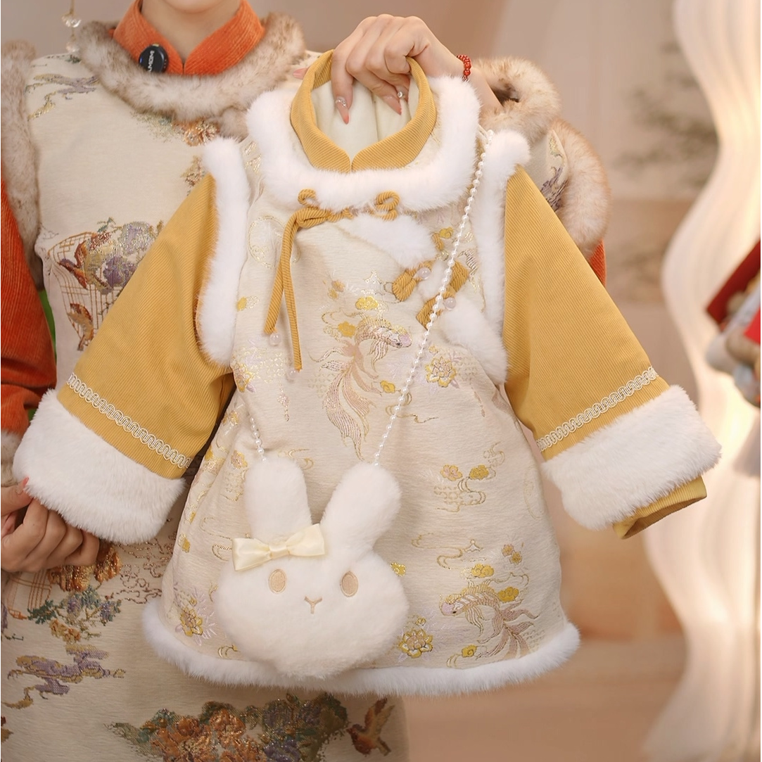 部分现货【锦鲤】带兔子挂件 GF024女童冬季加绒加厚国风旗袍拜年服