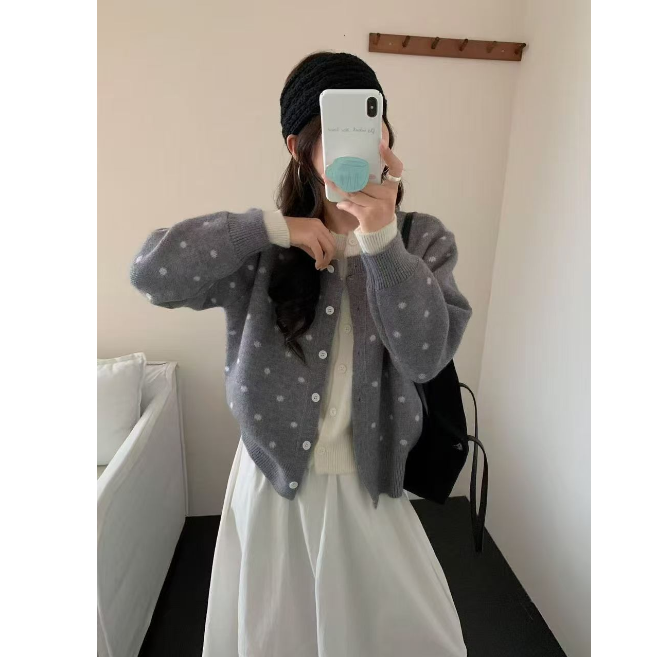 韩系撞色波点长袖针织开衫外套女秋季甜美减龄高级感休闲外搭上衣