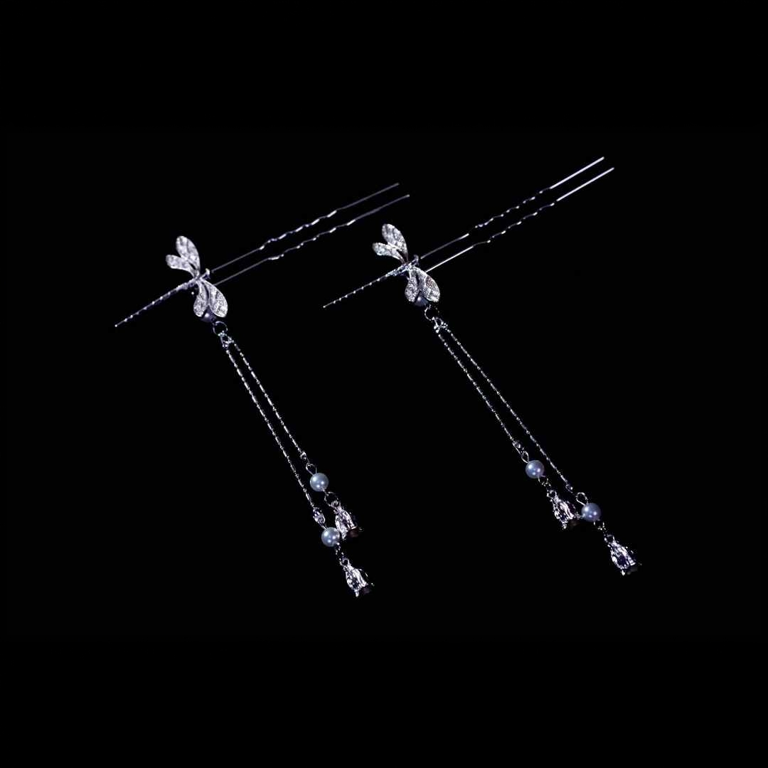 U008新中式亮银色小蜻蜓流苏U钗【一对】