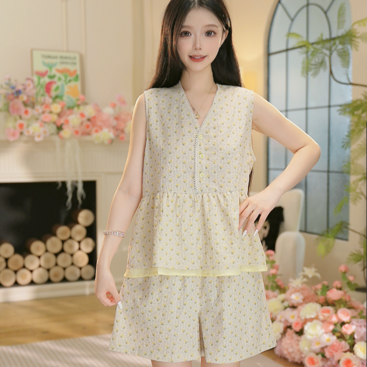 【柠檬碎花】W夏季新款纯棉高颜值碎花家居服舒适透气睡衣套装