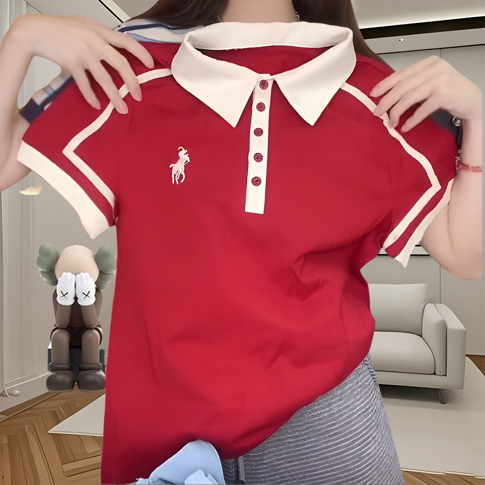 【纯棉】撞色Polo显瘦百搭短袖女t恤洋气衣服女2025夏季女生休闲t恤