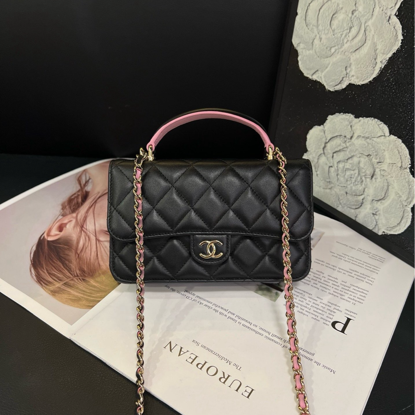99新 Chanel/香奈儿 23P粉黑拼色mini cf 单肩包B4371