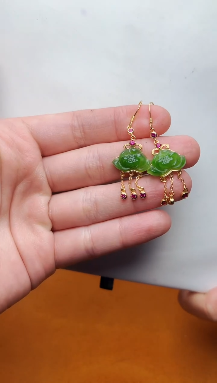 【闪购商品】和田玉耳饰银S925镶嵌莲花耳坠kk