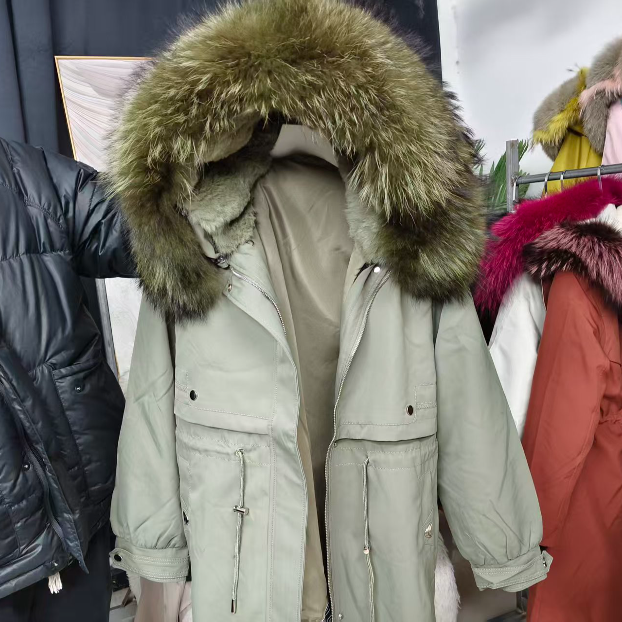 【军绿长款大毛领兔毛外套】网红48同款派克服连帽休闲百搭时尚女款