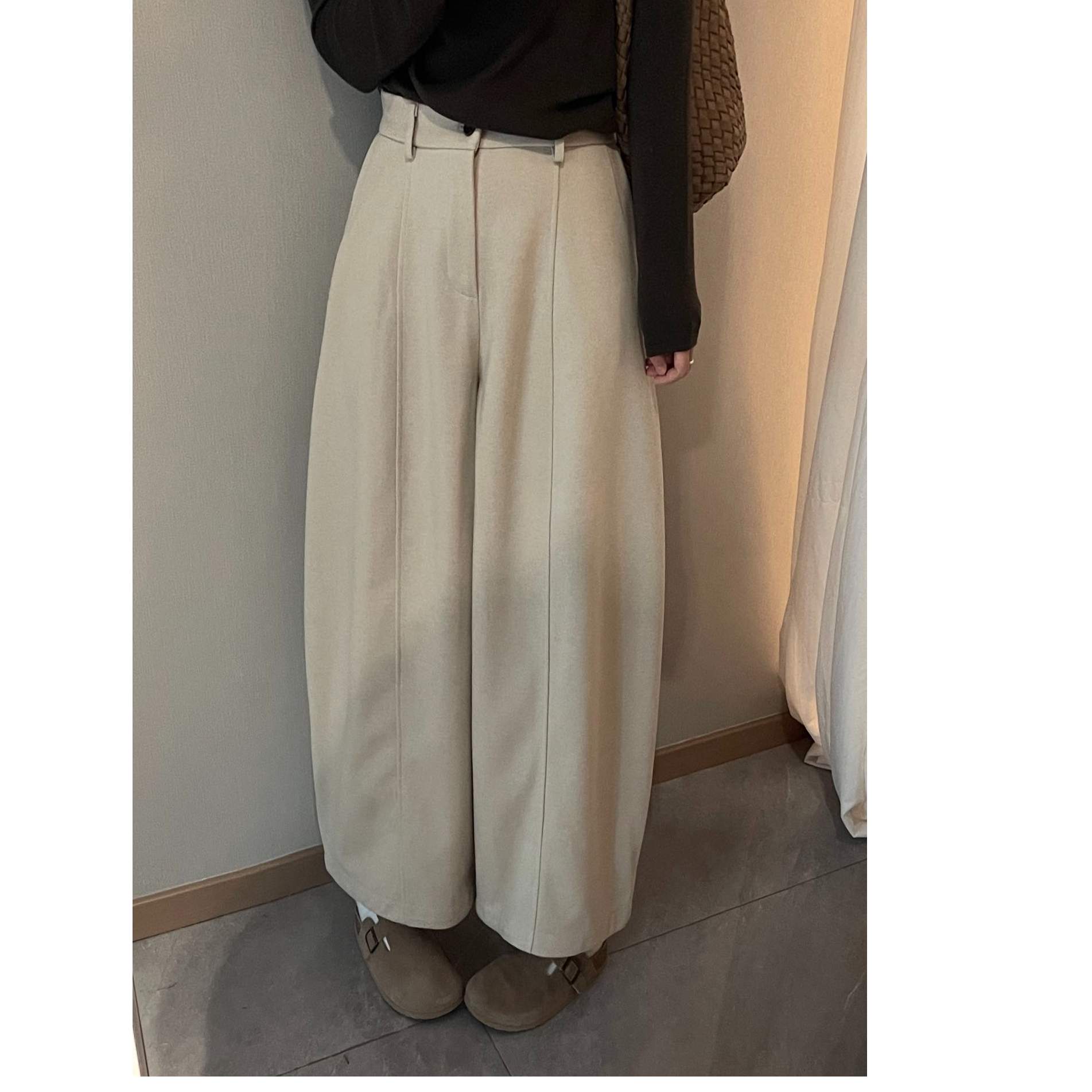 颖小颖 高腰厚款毛呢裤遮肉显瘦慵懒风宽松九分裤阔腿裤