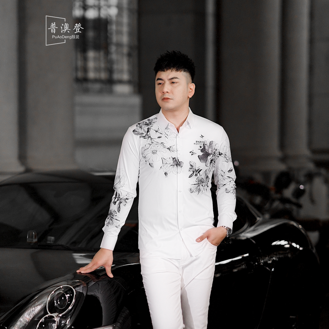 普澳登 春季新款时尚潮流百搭修身字母花卉烫钻男士休闲长袖衬衫