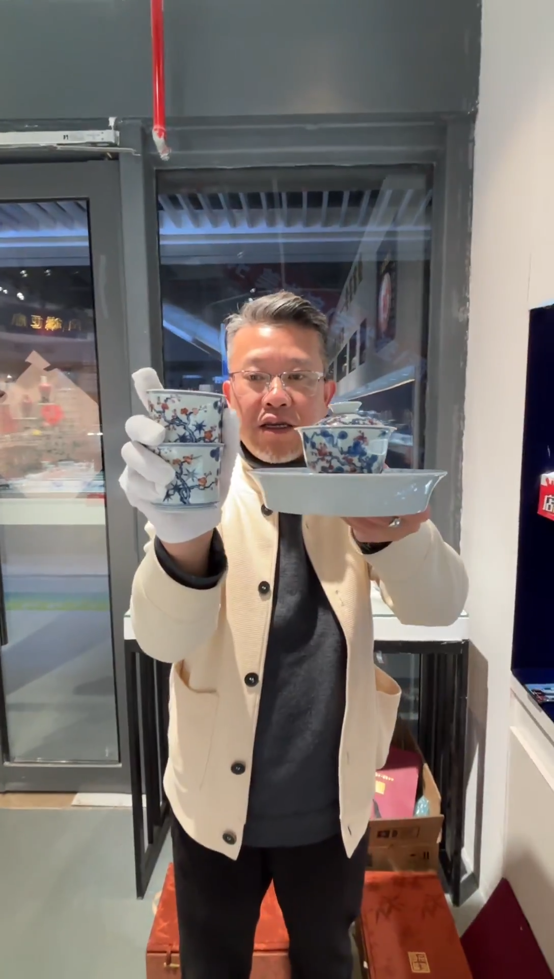 堂钟正窑陶瓷柴窑青花釉里红斗矾红松竹梅套组