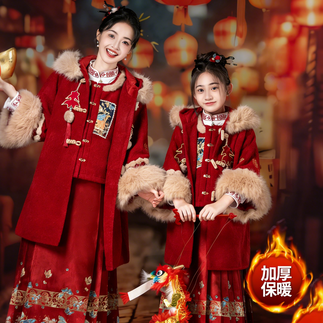【忆江南】女童新中式冬加绒母女亲子马面裙红色过年套装明制汉服66
