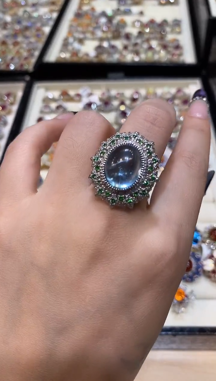 银S925镶嵌戒指定制海蓝宝石楚楚珠宝中古甄选不退换