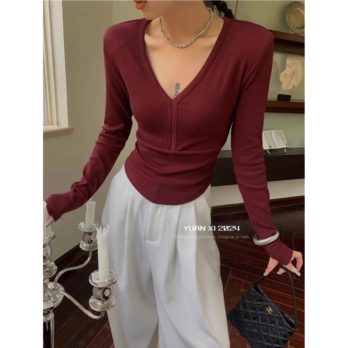 【YC】早春款V领口洋气纯色螺纹打底T长袖打底