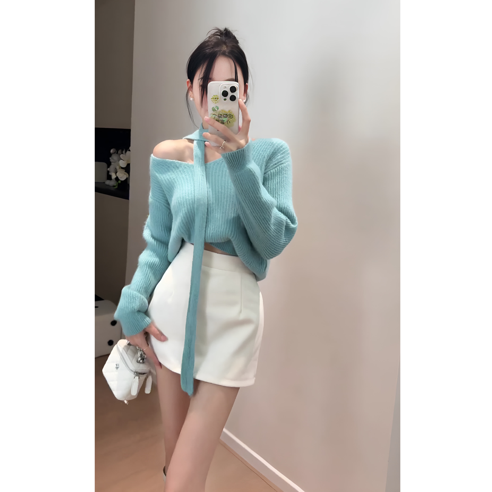 【现货】秋冬季韩系气质V领飘带湖水蓝针织衫上衣白色短裙两件套女