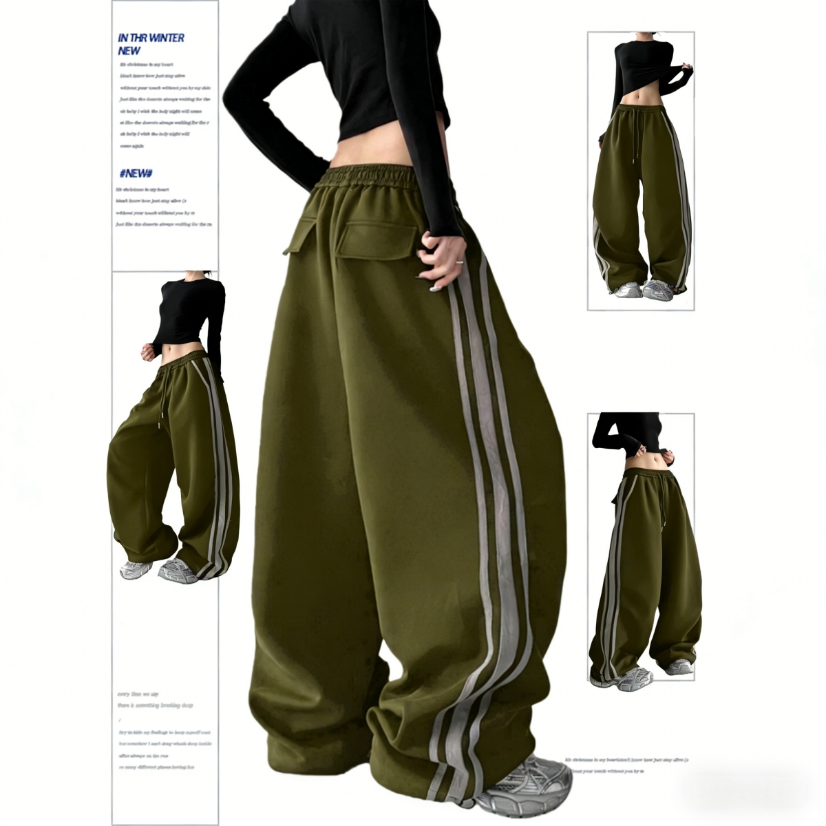 冬厚款加绒新款美式工装裤女军绿色运动裤舞蹈裤街头阔腿休闲裤子