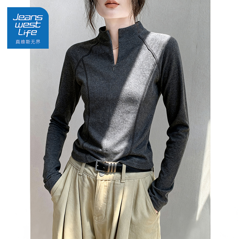 真维斯无界炭灰色运动内搭打底女2025新款冬季高级感薄绒长袖上衣