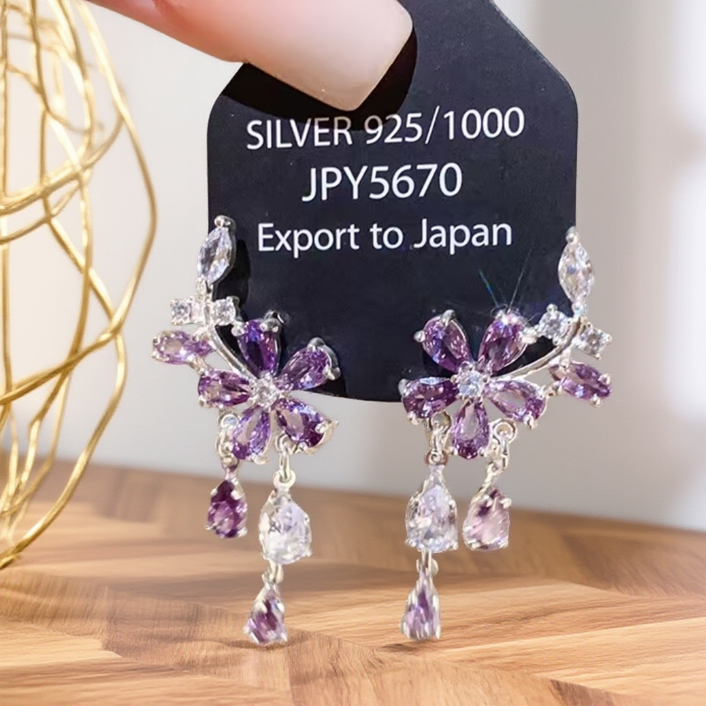 925银合成锆石耳饰 银针轻奢锆石花朵水滴流苏耳环时尚高级感气质