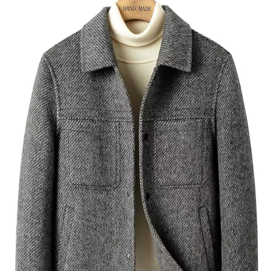 翻领纯色短款毛呢大衣加厚韩版毛呢双面修身商务上衣男装