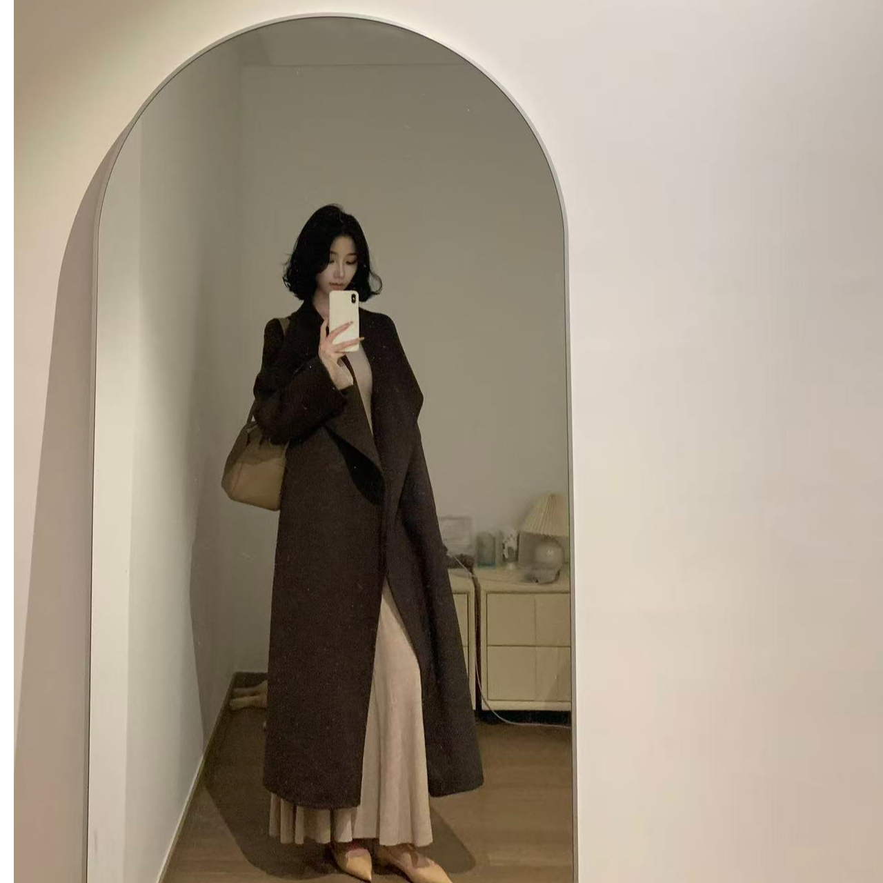 【盐风棱语】25年秋冬新款休闲腰带中长款双面羊毛大衣外套女装