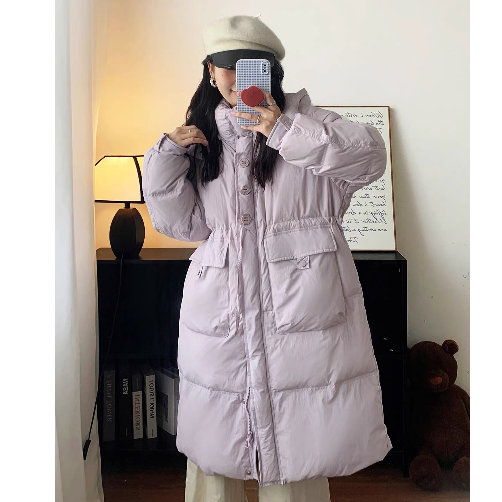 冬季新款三粒扣收腰长款连帽过膝百搭泡芙白鸭绒羽绒服外套33126