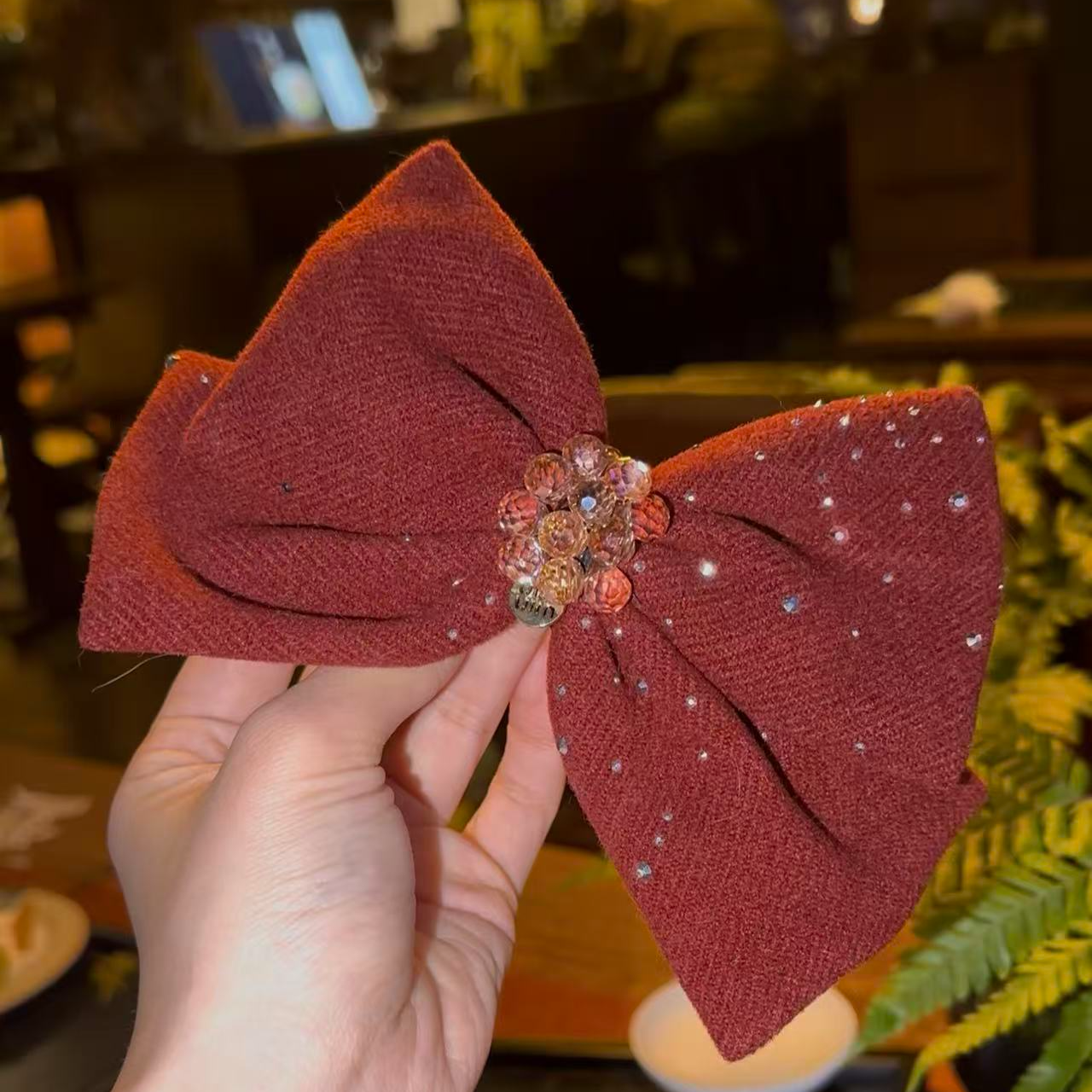 【昭君】精品水晶韩系新款红色点钻丝绒蝴蝶结十公分弹夹WM-1307