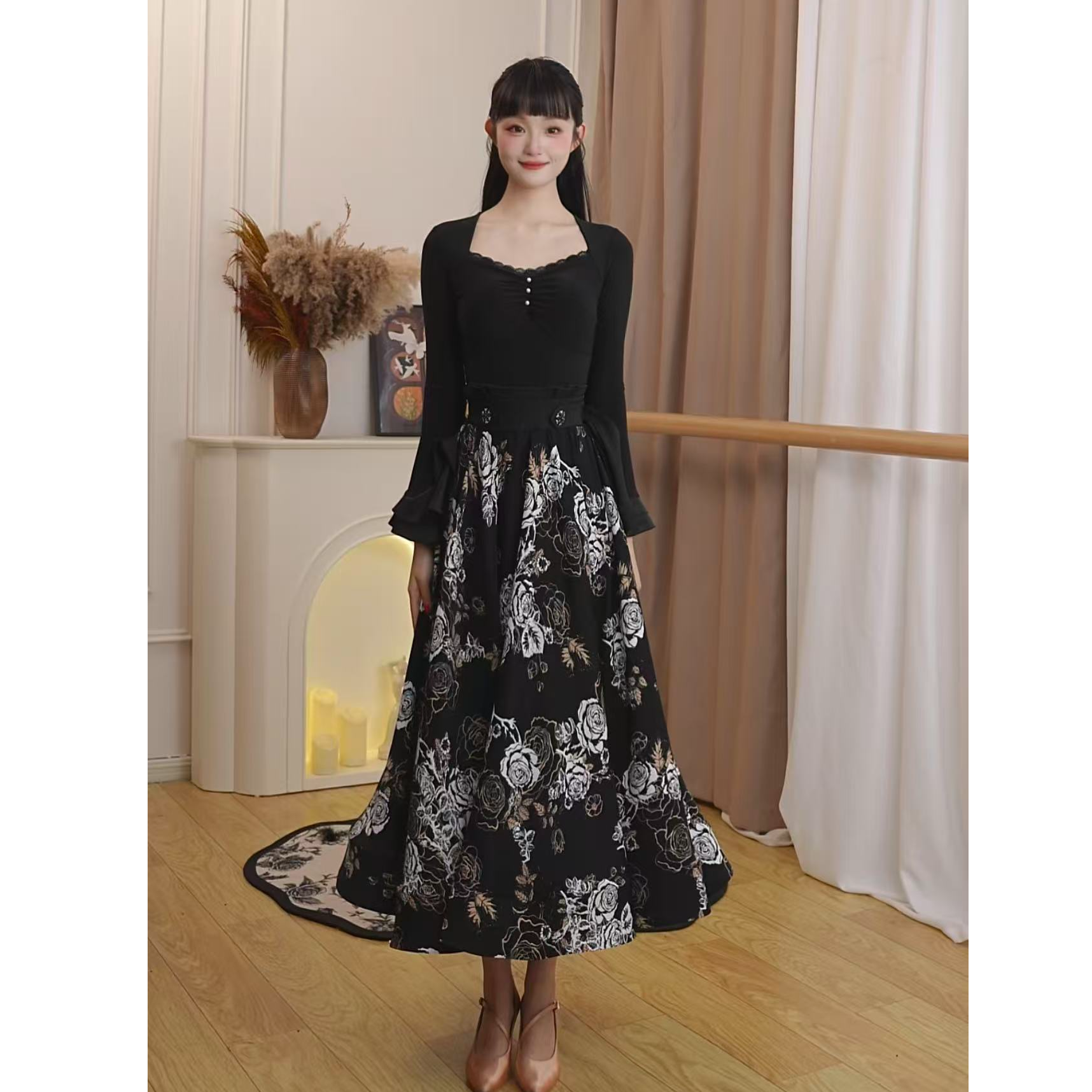 薇拉舞服秋冬高腰双层黑白破卡摩登半身裙交谊舞练功服BQ0171