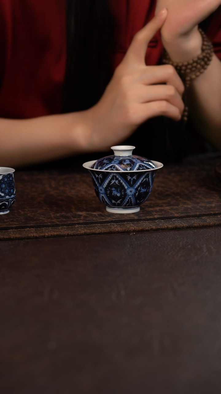 【闪购商品】杯洪印慕明蓝地凤鸟瑞兽盖碗