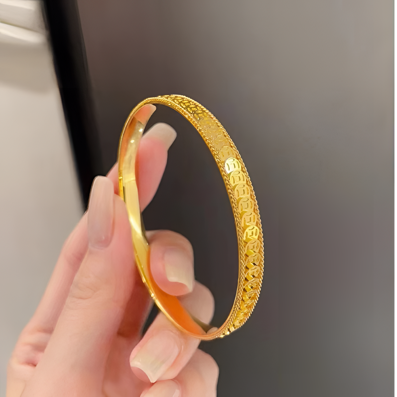 足银手镯 足银镀金钱币手镯爆闪碎铜钱百搭经典不掉色手环金色