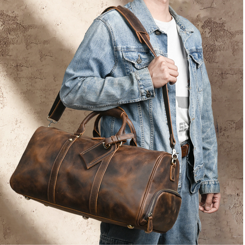 疯马牛皮大容量休闲短途旅行包男士复古真皮户外特大号男式斜挎包