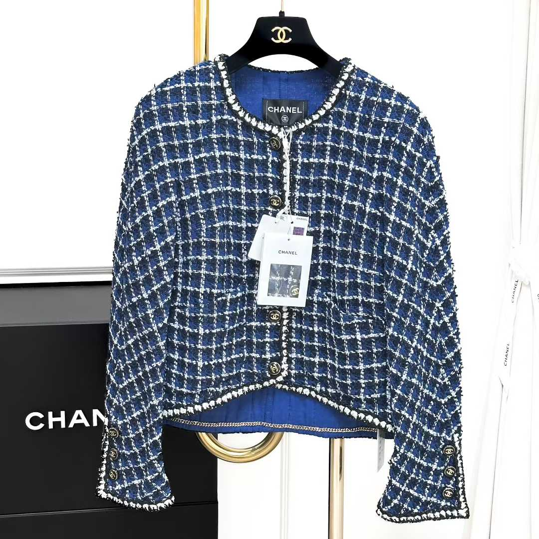 99新 Chanel/香奈儿 38码23P蓝白拼色格纹长袖外套 