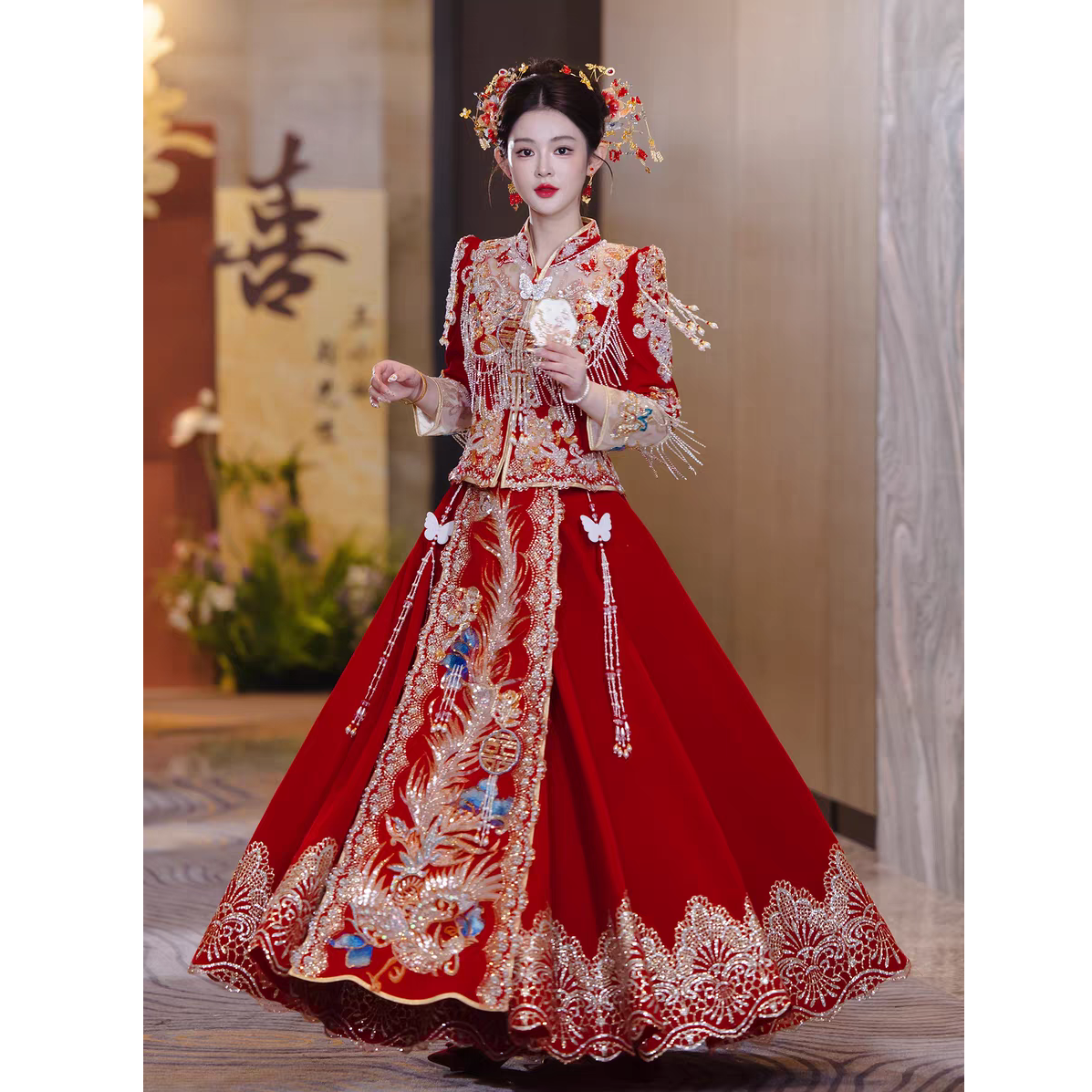 2025新款丝绒重工奢华显瘦秀禾服厚款酒红色秀禾服订婚出阁服婚服