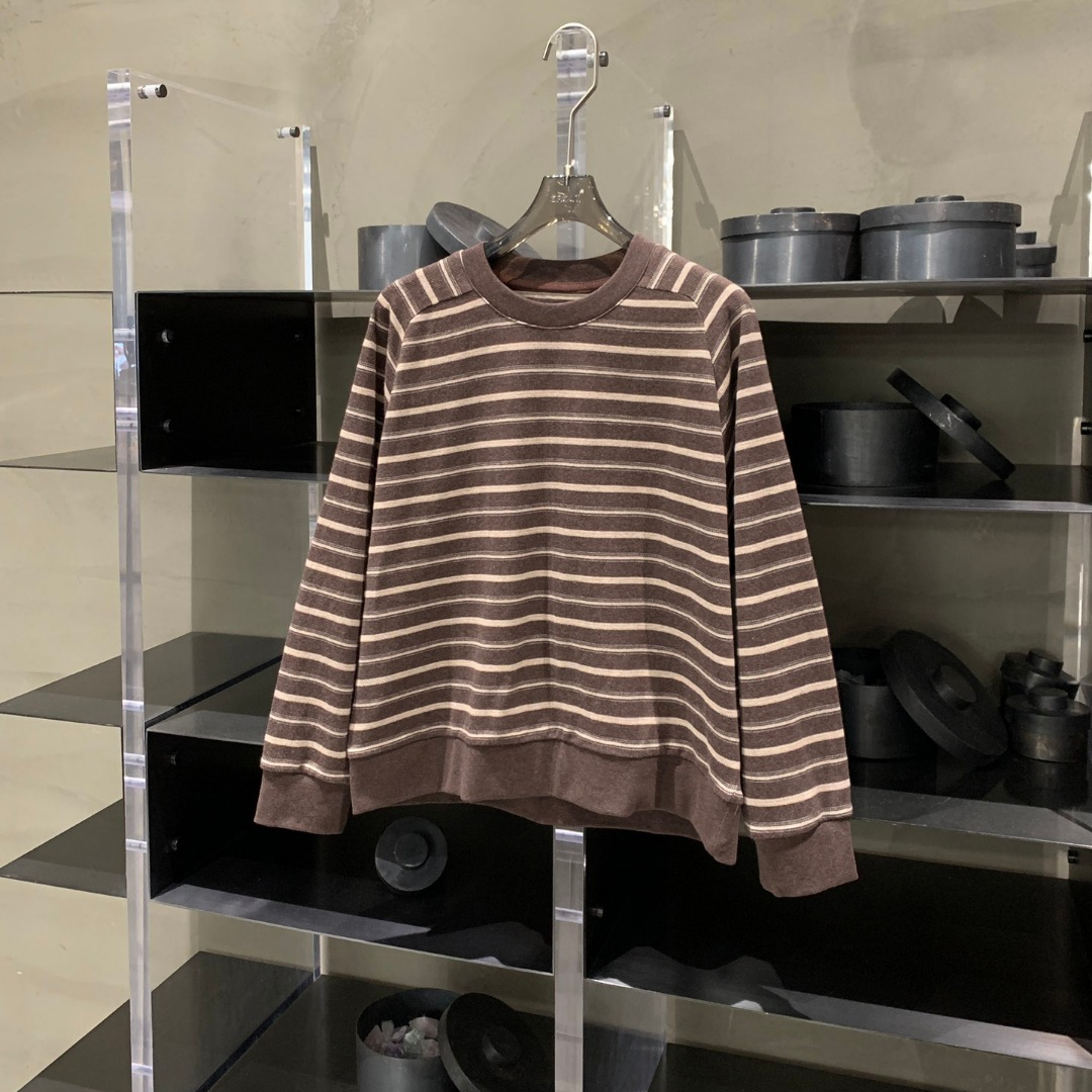 复古日系宽松条纹宽松圆领套头长袖T恤女 T8302